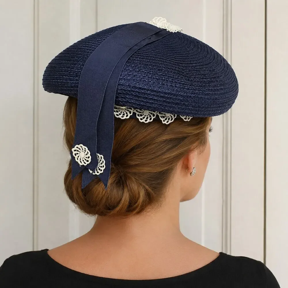 Vintage Marche Exclusive Navy Wide Straw Hat w Lace Ribbon Church Tea - Hey Viv - Picture 5 of 9